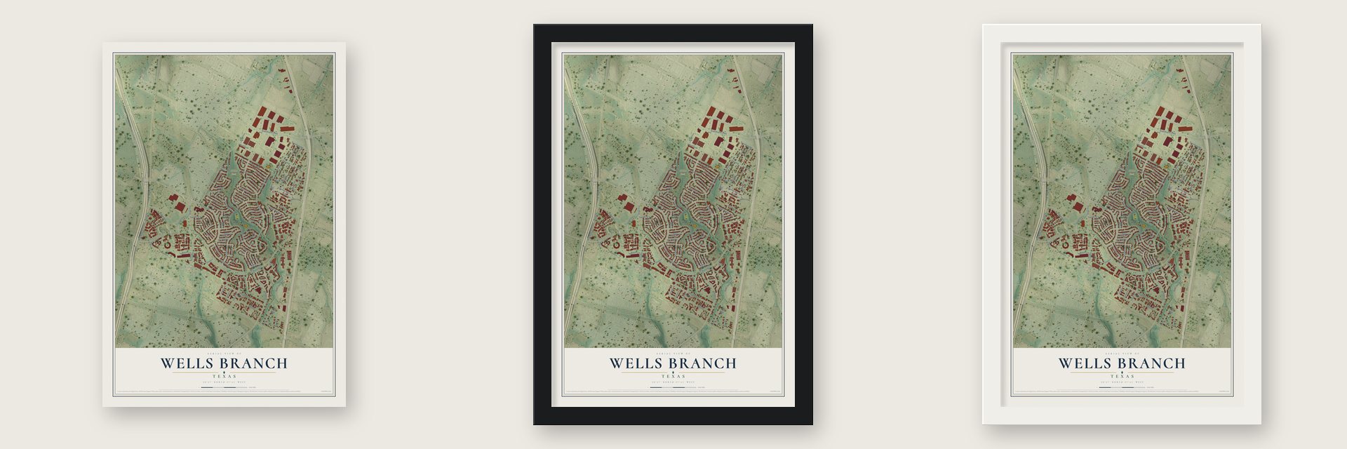 Wells Branch, Texas map unframed, in a black wood frame and in a white wood frame
