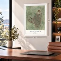 Wells Branch, Texas map, 18 x 24 inch print in a white frame in a home office
