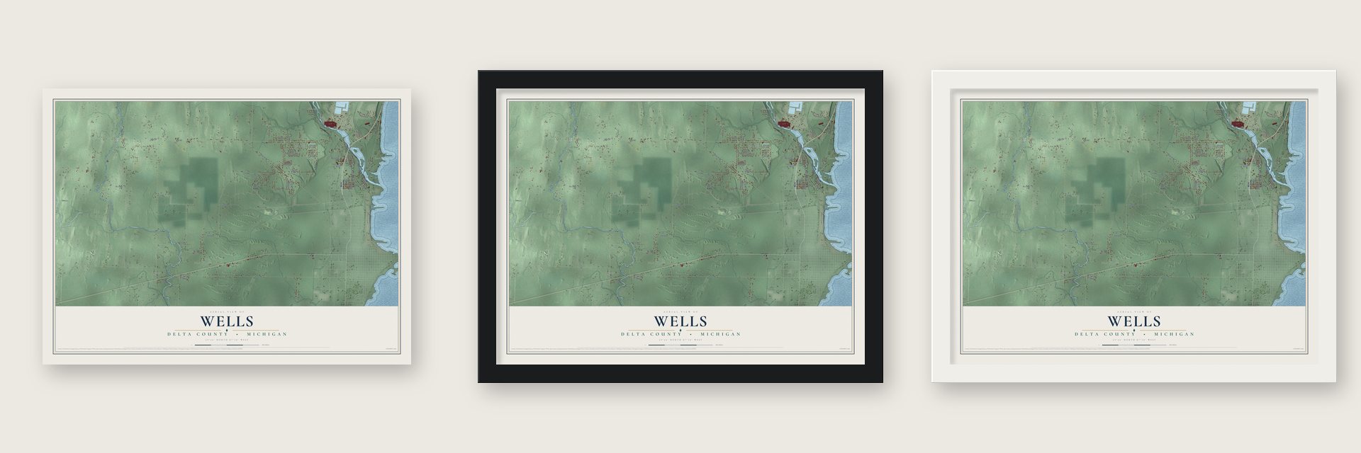 Wells, Delta County, Michigan map unframed, in a black wood frame and in a white wood frame