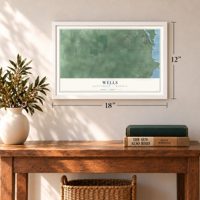 Wells, Delta County, Michigan map, 12 x 18 inch print in a white frame in an entryway