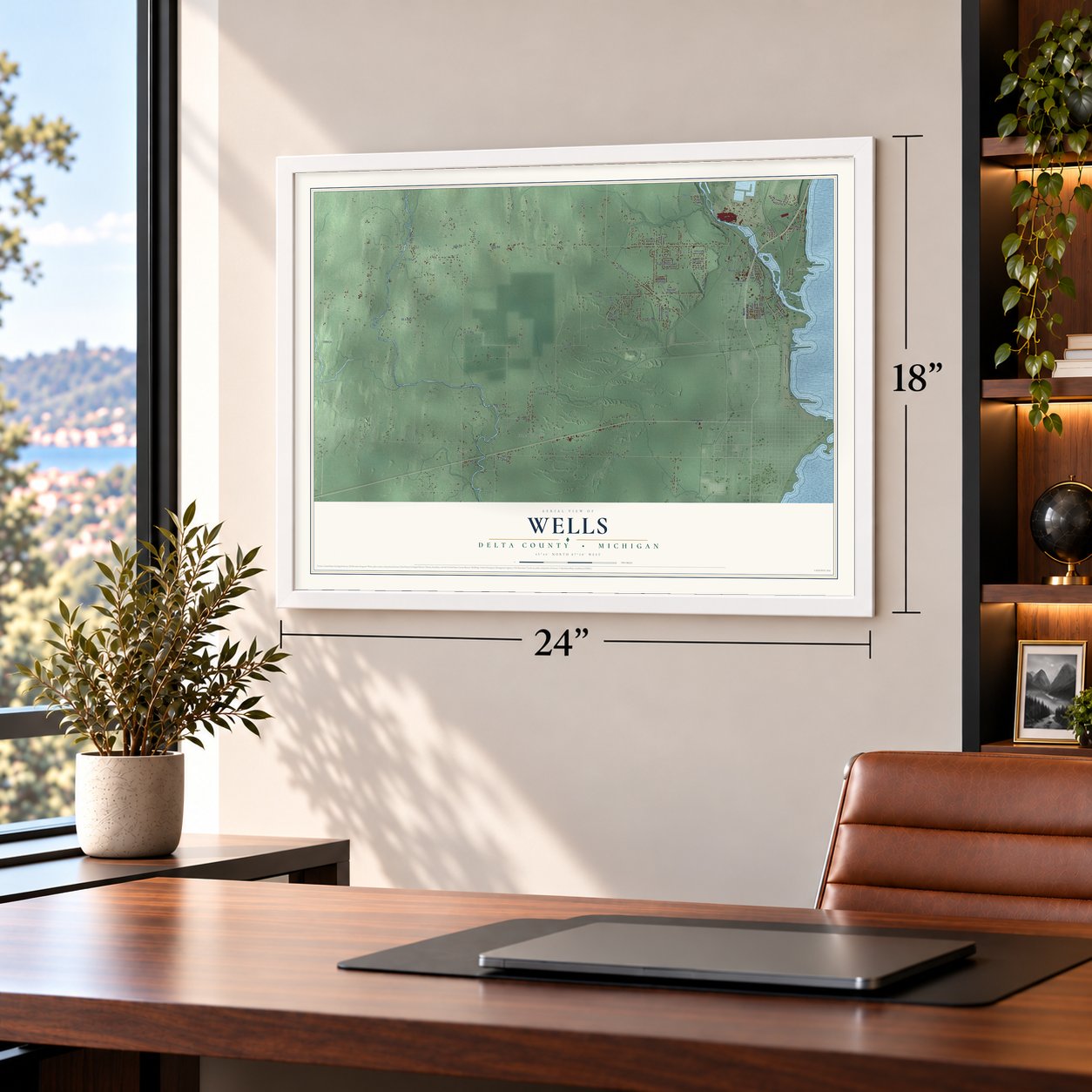Wells, Delta County, Michigan map, 18 x 24 inch print in a white frame in a home office