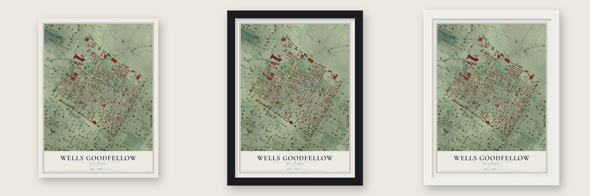 Wells Goodfellow, Missouri map unframed, in a black wood frame and in a white wood frame