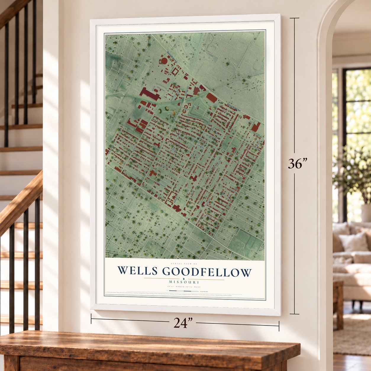 Wells Goodfellow, Missouri map, 24 x 36 inch print in a white frame by a staircase