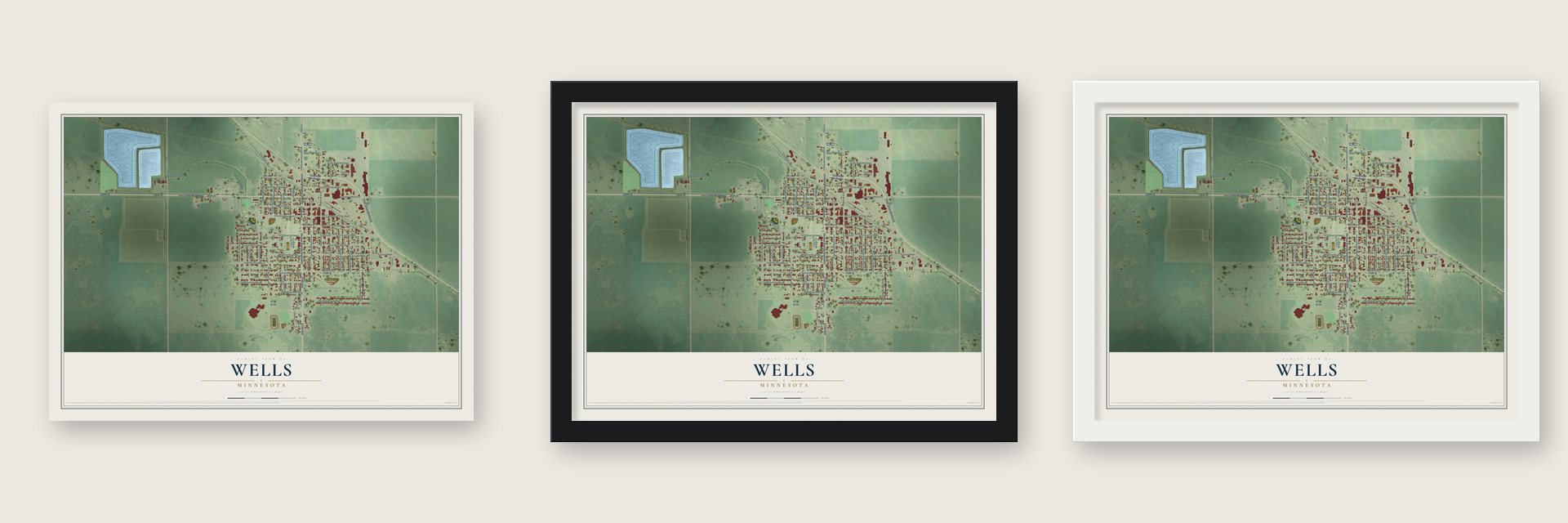 Wells, Minnesota map unframed, in a black wood frame and in a white wood frame