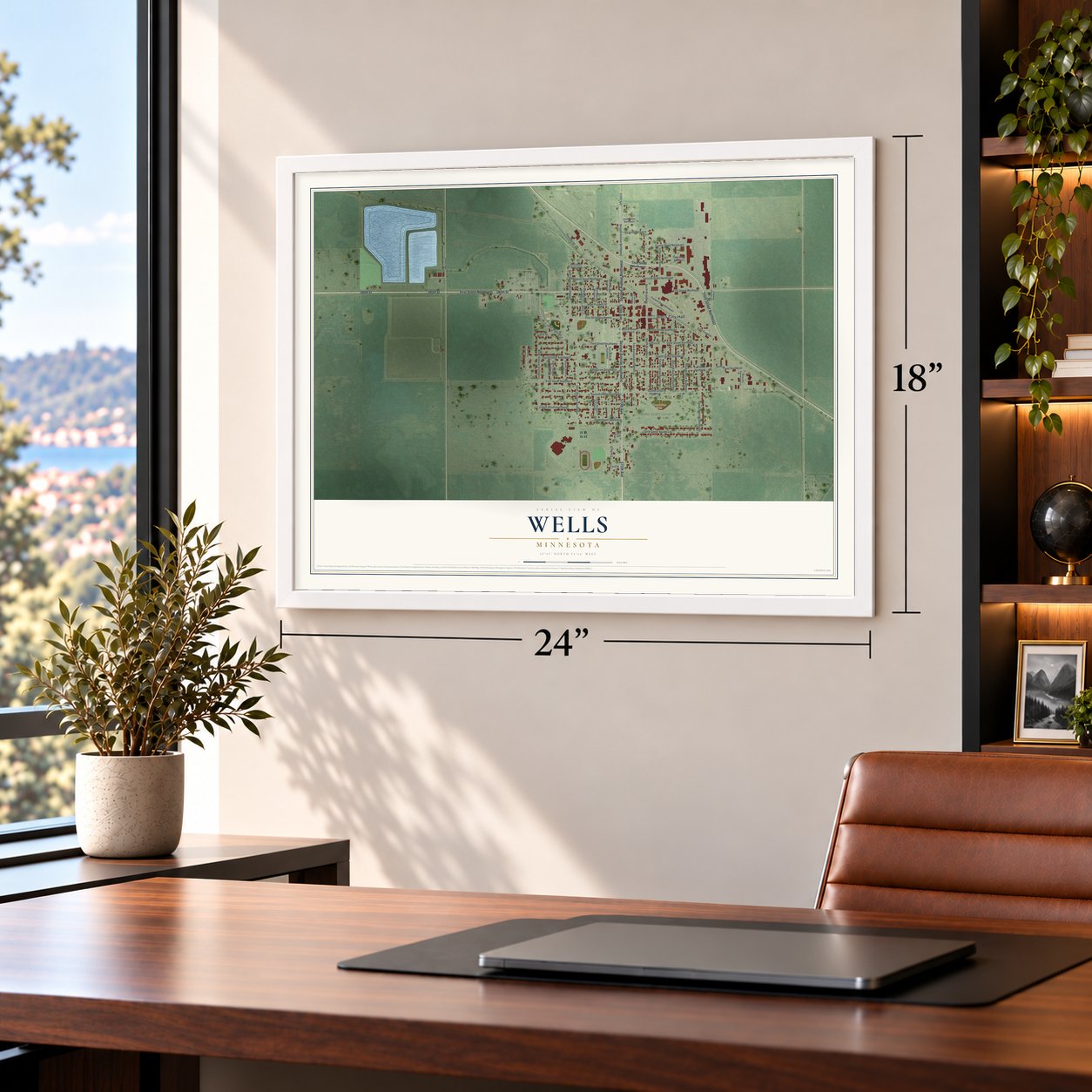 Wells, Minnesota map, 18 x 24 inch print in a white frame in a home office