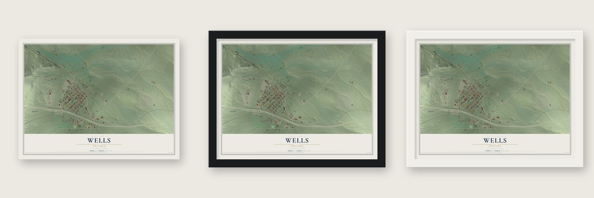 Wells, Nevada map unframed, in a black wood frame and in a white wood frame
