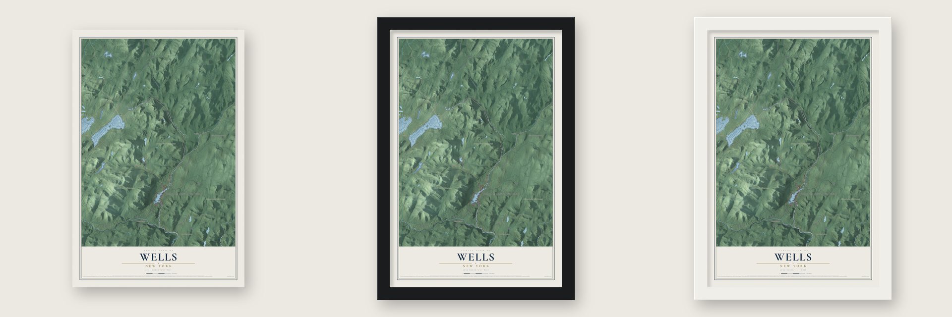 Wells, New York map unframed, in a black wood frame and in a white wood frame