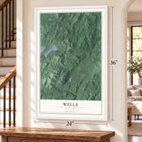 Wells, New York map, 24 x 36 inch print in a white frame by a staircase