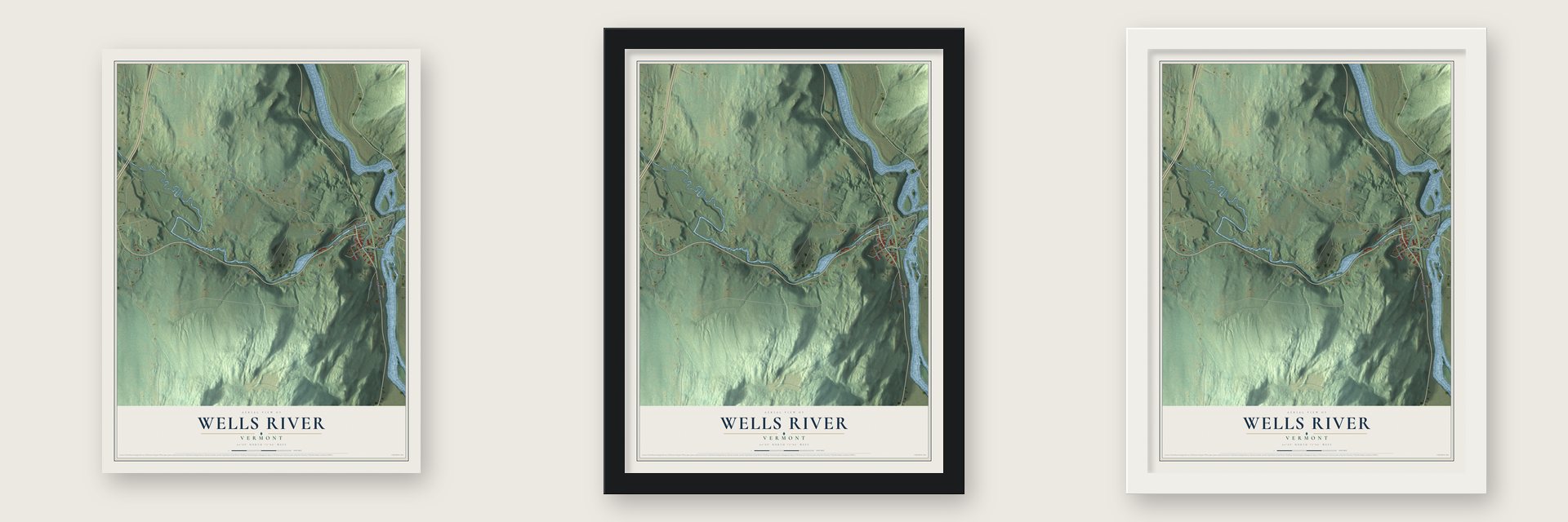 Wells River, Vermont map unframed, in a black wood frame and in a white wood frame
