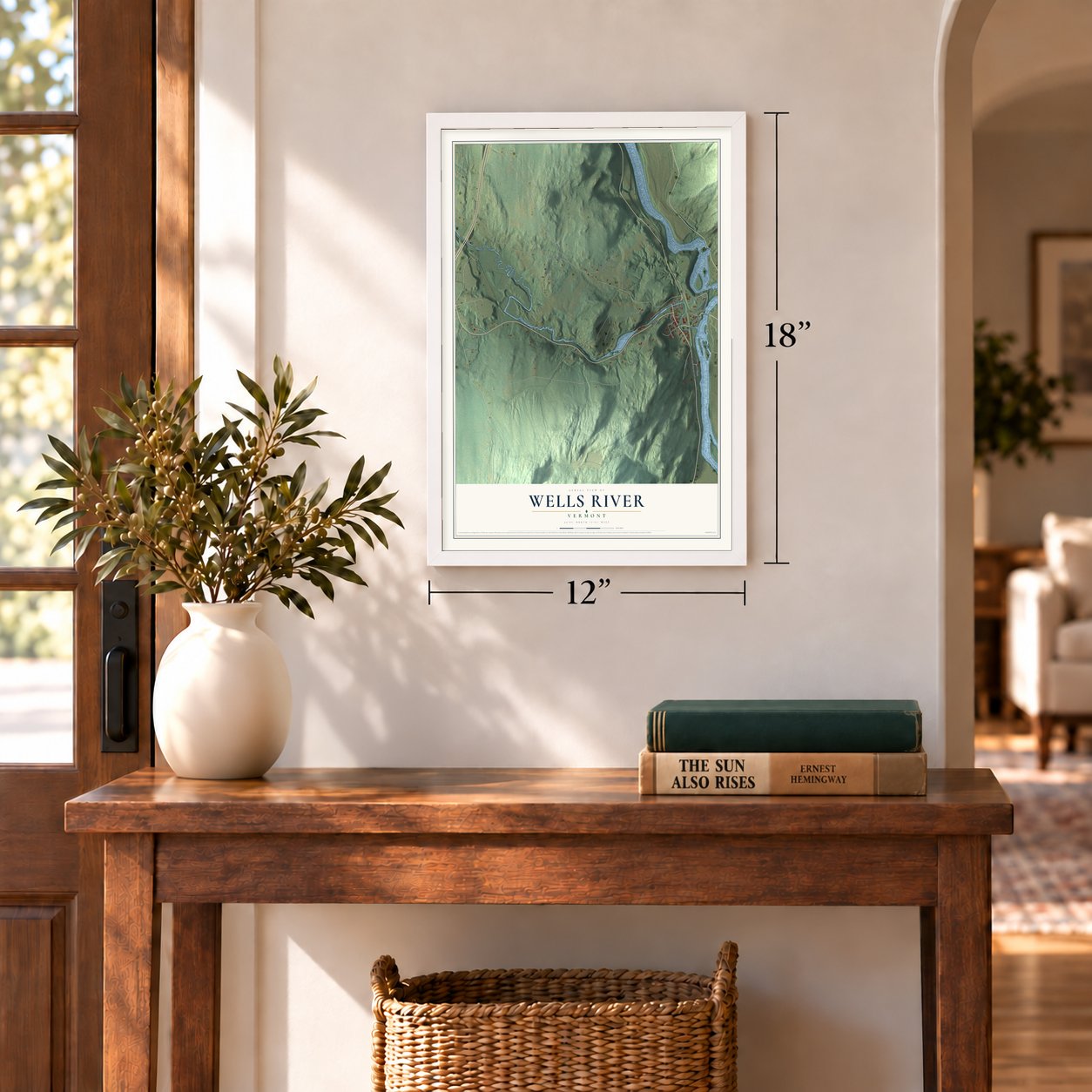 Wells River, Vermont map, 12 x 18 inch print in a white frame in an entryway