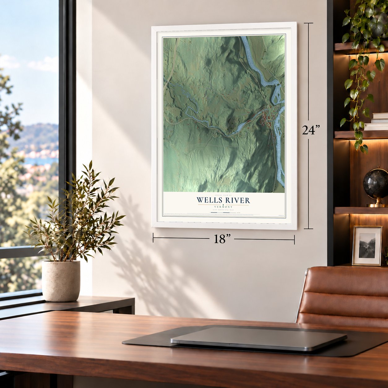 Wells River, Vermont map, 18 x 24 inch print in a white frame in a home office