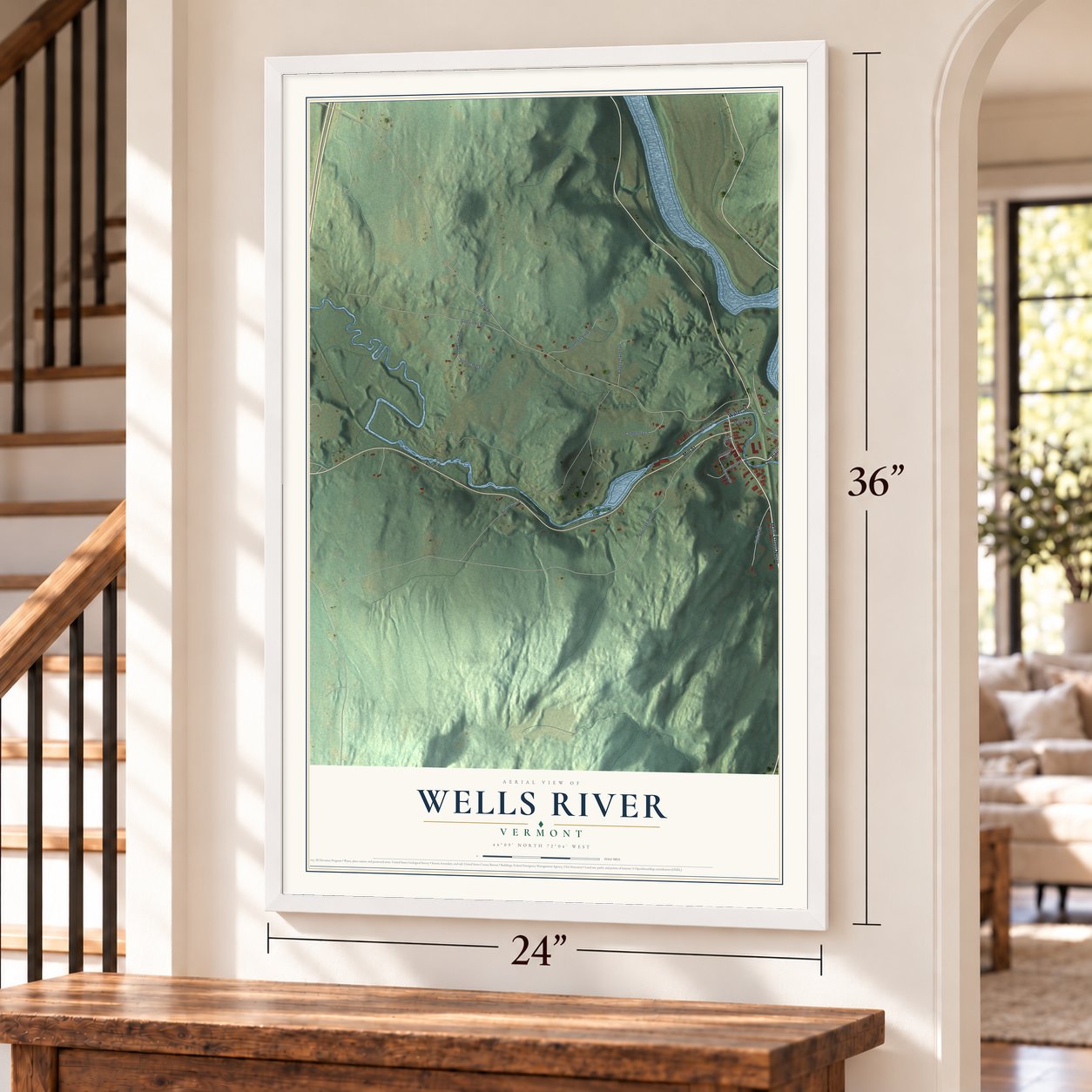 Wells River, Vermont map, 24 x 36 inch print in a white frame by a staircase