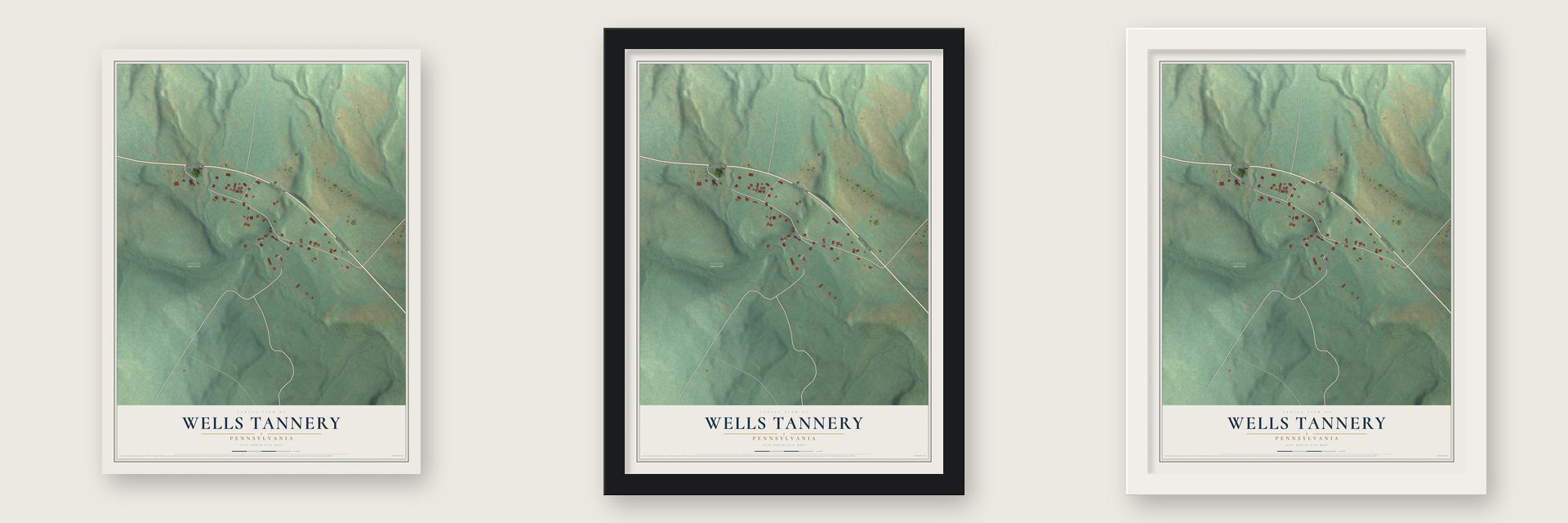 Wells Tannery, Pennsylvania map unframed, in a black wood frame and in a white wood frame