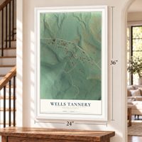 Wells Tannery, Pennsylvania map, 24 x 36 inch print in a white frame by a staircase