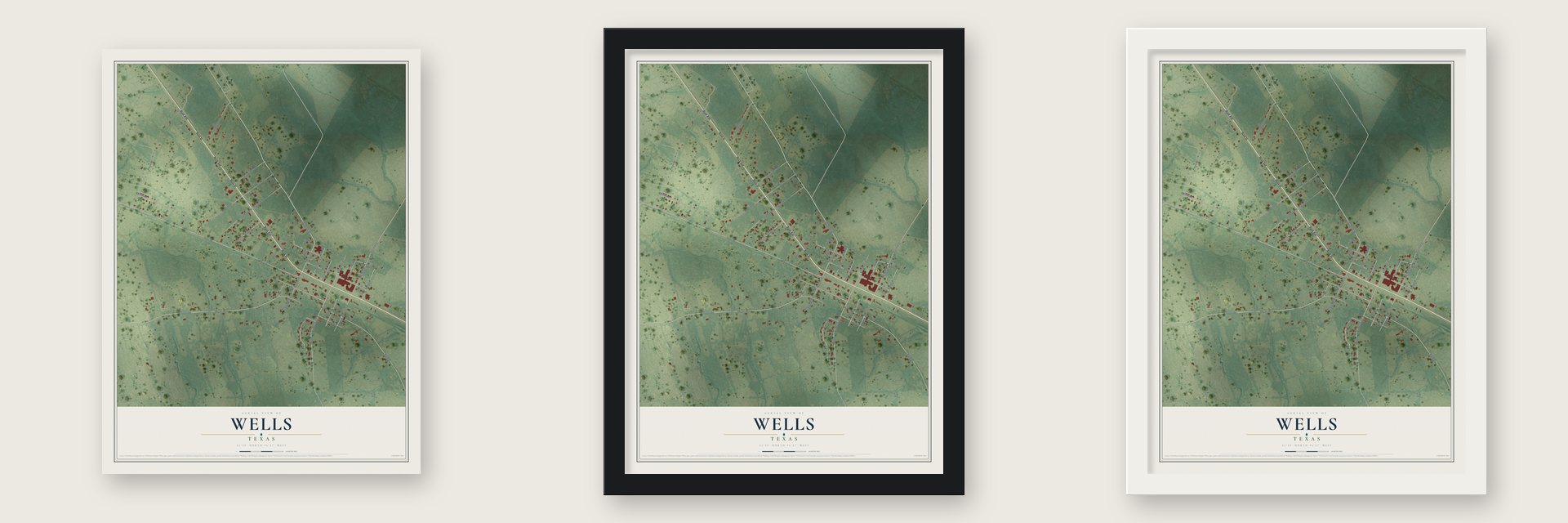 Wells, Texas map unframed, in a black wood frame and in a white wood frame