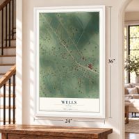 Wells, Texas map, 24 x 36 inch print in a white frame by a staircase