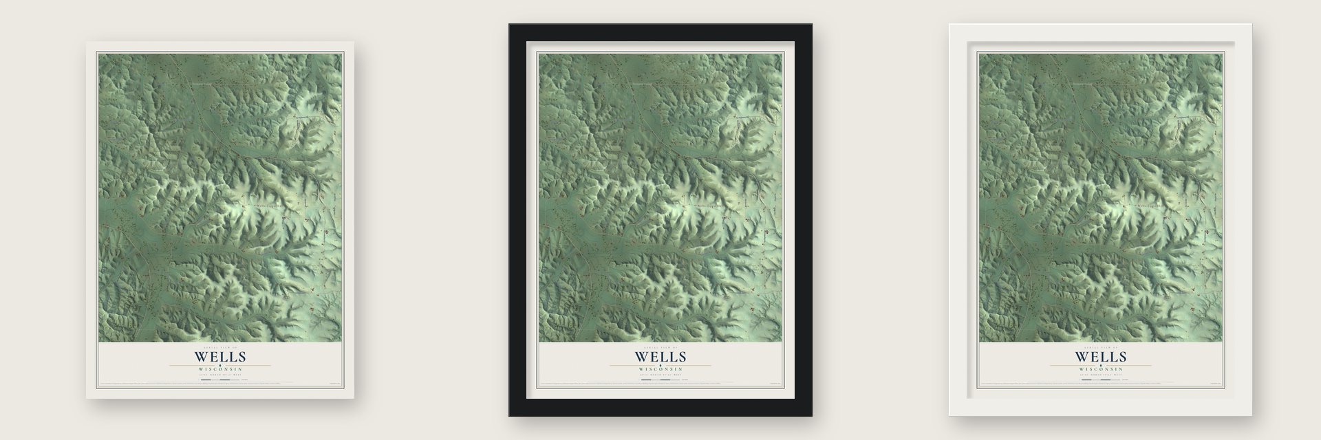 Wells, Wisconsin map unframed, in a black wood frame and in a white wood frame