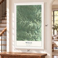 Wells, Wisconsin map, 24 x 36 inch print in a white frame by a staircase