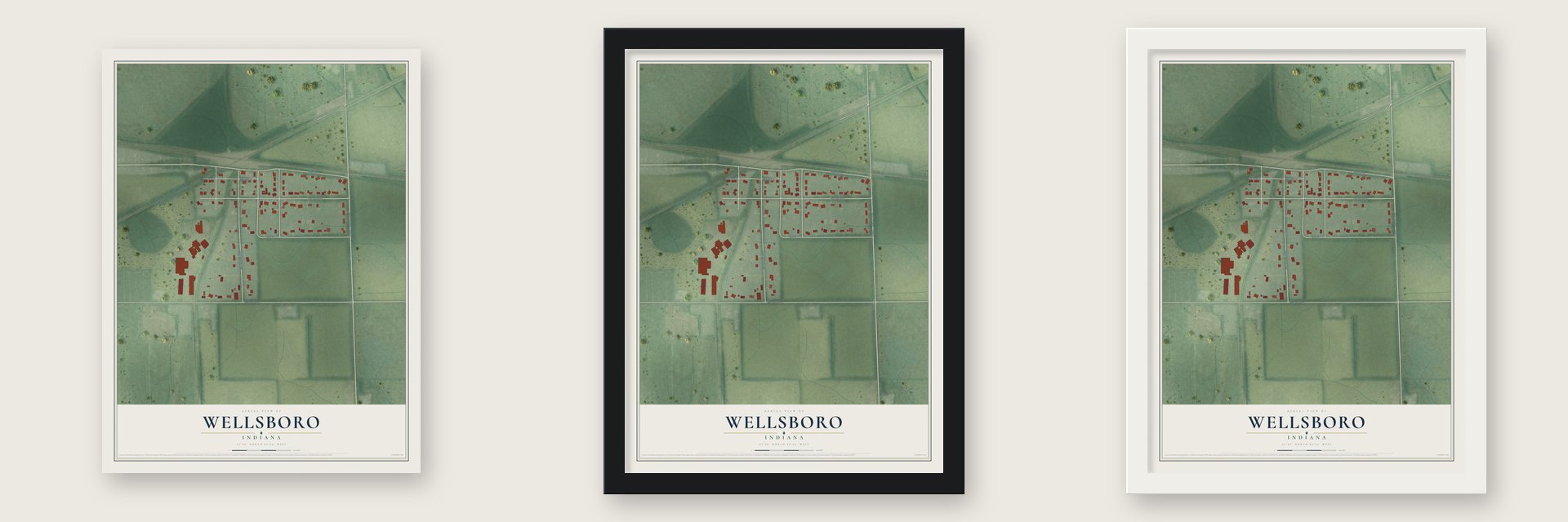 Wellsboro, Indiana map unframed, in a black wood frame and in a white wood frame