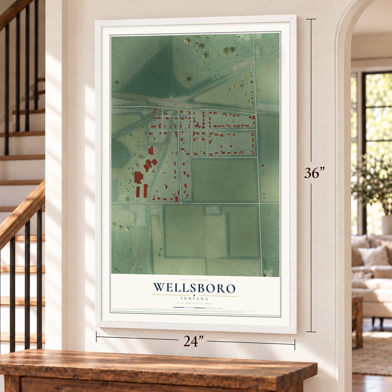 Wellsboro, Indiana map, 24 x 36 inch print in a white frame by a staircase