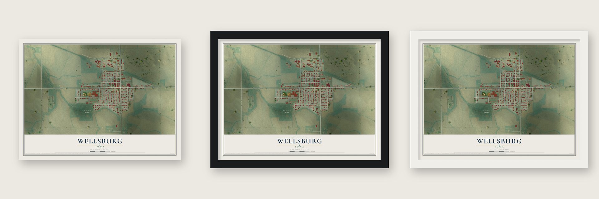 Wellsburg, Iowa map unframed, in a black wood frame and in a white wood frame