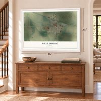 Wellsburg, Iowa map, 24 x 36 inch print in a white frame above a dresser by a staircase
