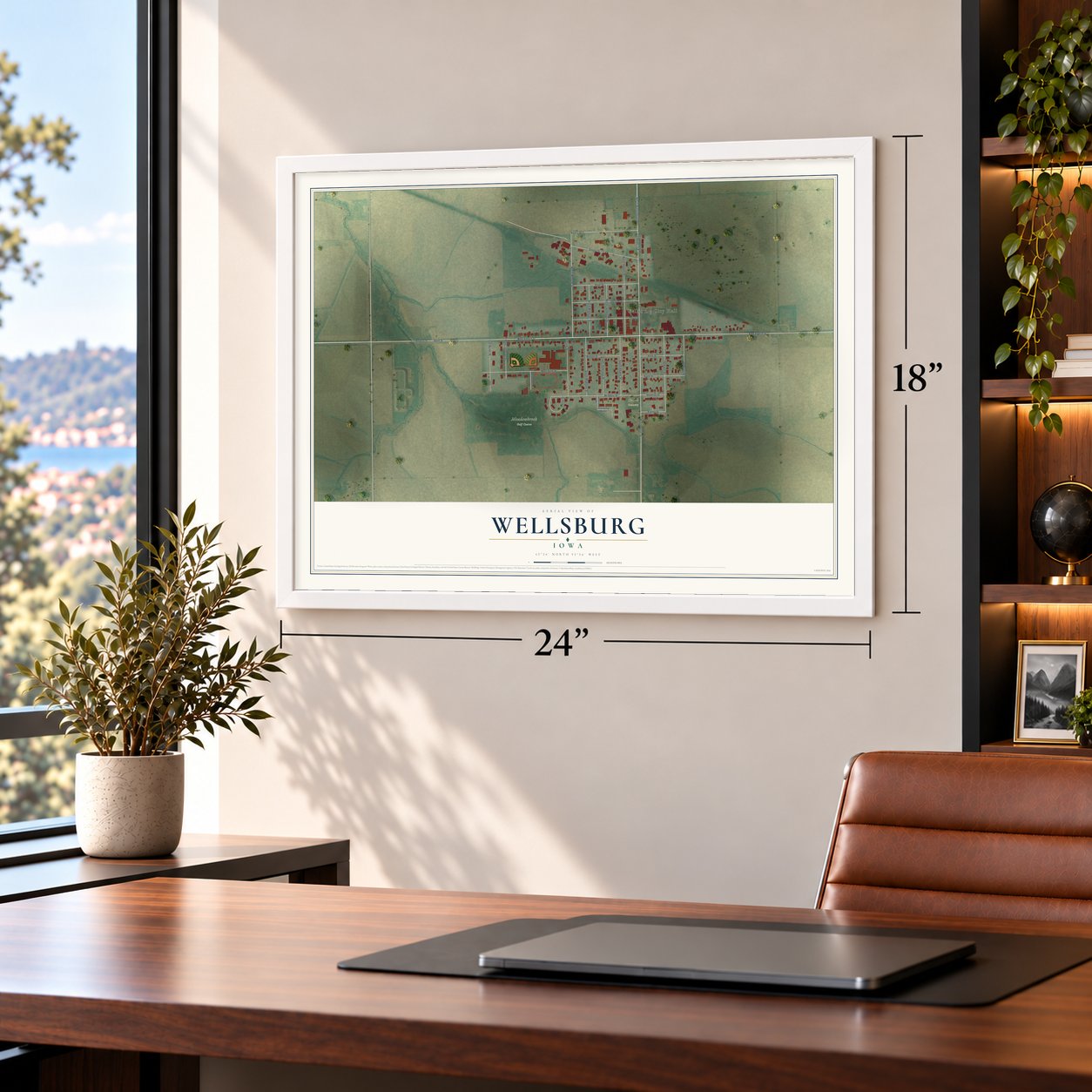 Wellsburg, Iowa map, 18 x 24 inch print in a white frame in a home office