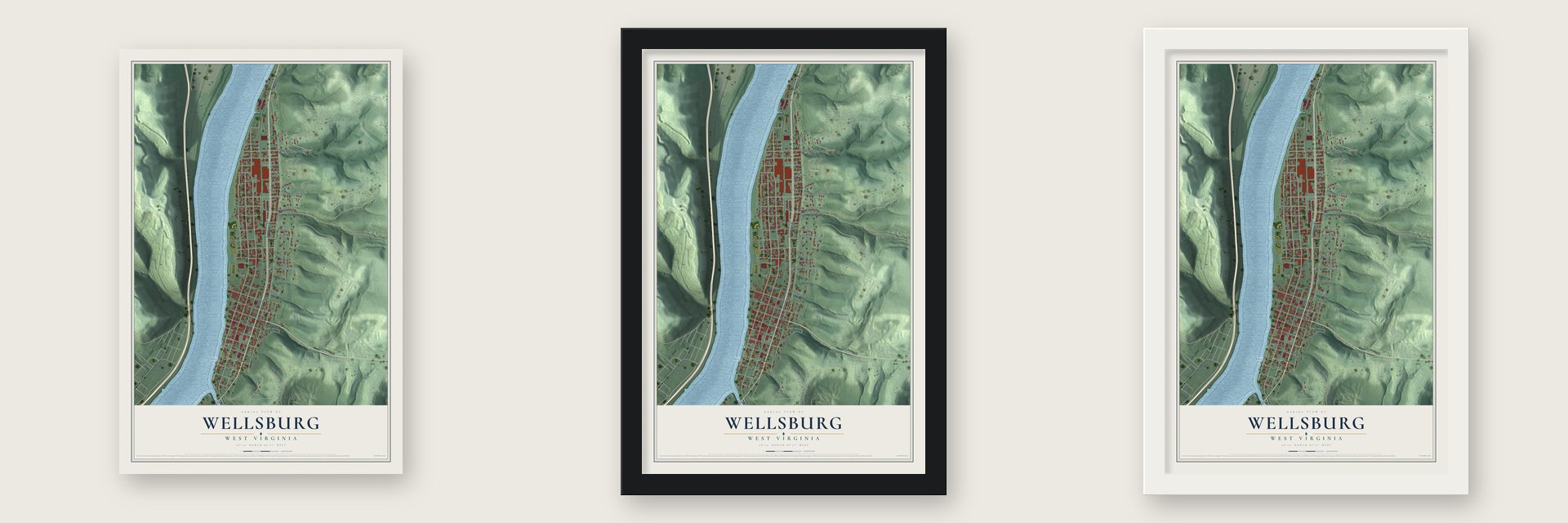 Wellsburg, West Virginia map unframed, in a black wood frame and in a white wood frame