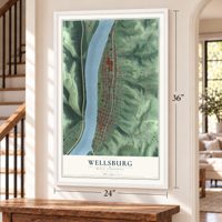 Wellsburg, West Virginia map, 24 x 36 inch print in a white frame by a staircase
