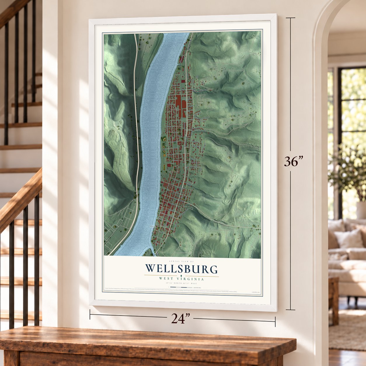 Wellsburg, West Virginia map, 24 x 36 inch print in a white frame by a staircase