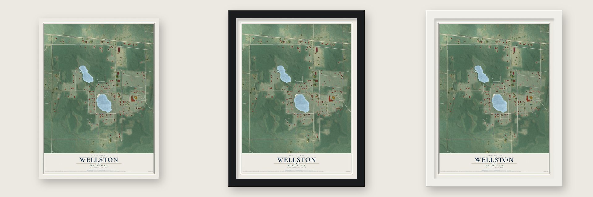 Wellston, Michigan map unframed, in a black wood frame and in a white wood frame