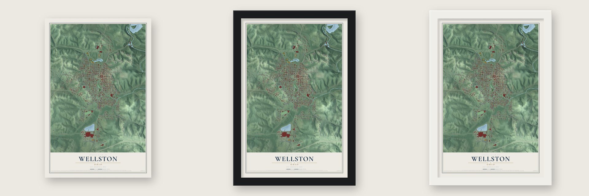 Wellston, Ohio map unframed, in a black wood frame and in a white wood frame
