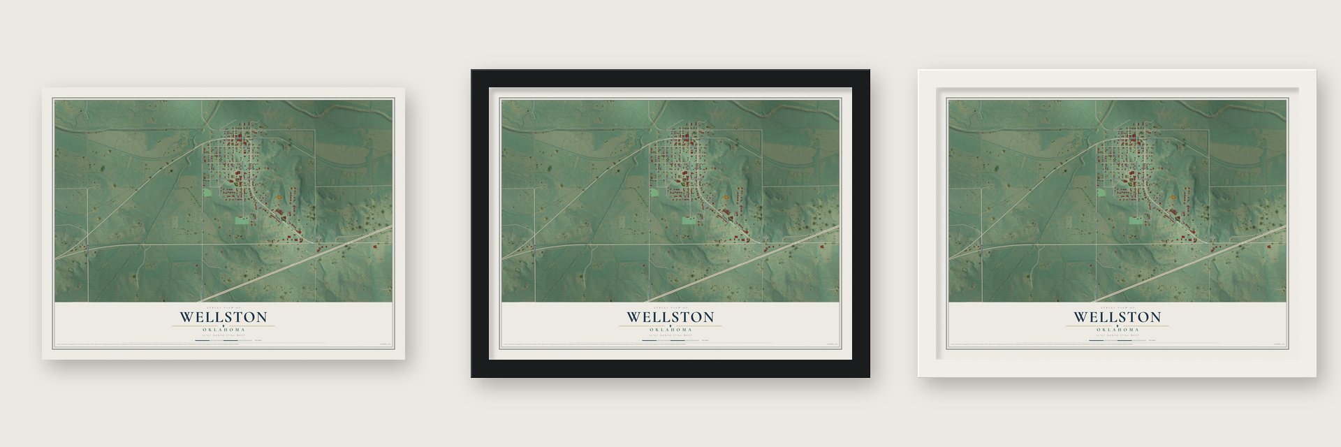 Wellston, Oklahoma map unframed, in a black wood frame and in a white wood frame
