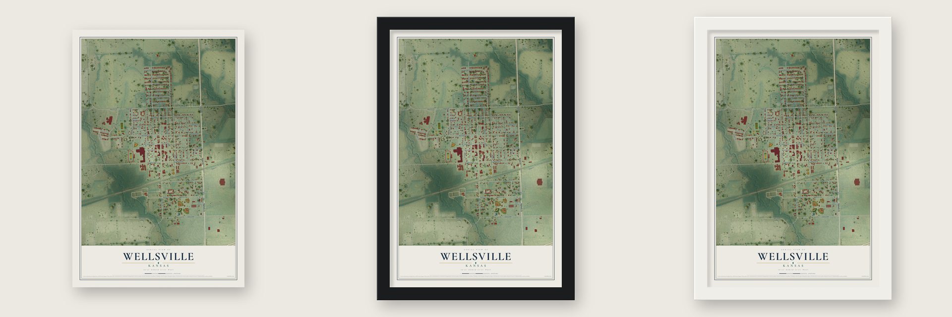 Wellsville, Kansas map unframed, in a black wood frame and in a white wood frame