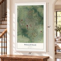 Wellsville, Kansas map, 24 x 36 inch print in a white frame by a staircase