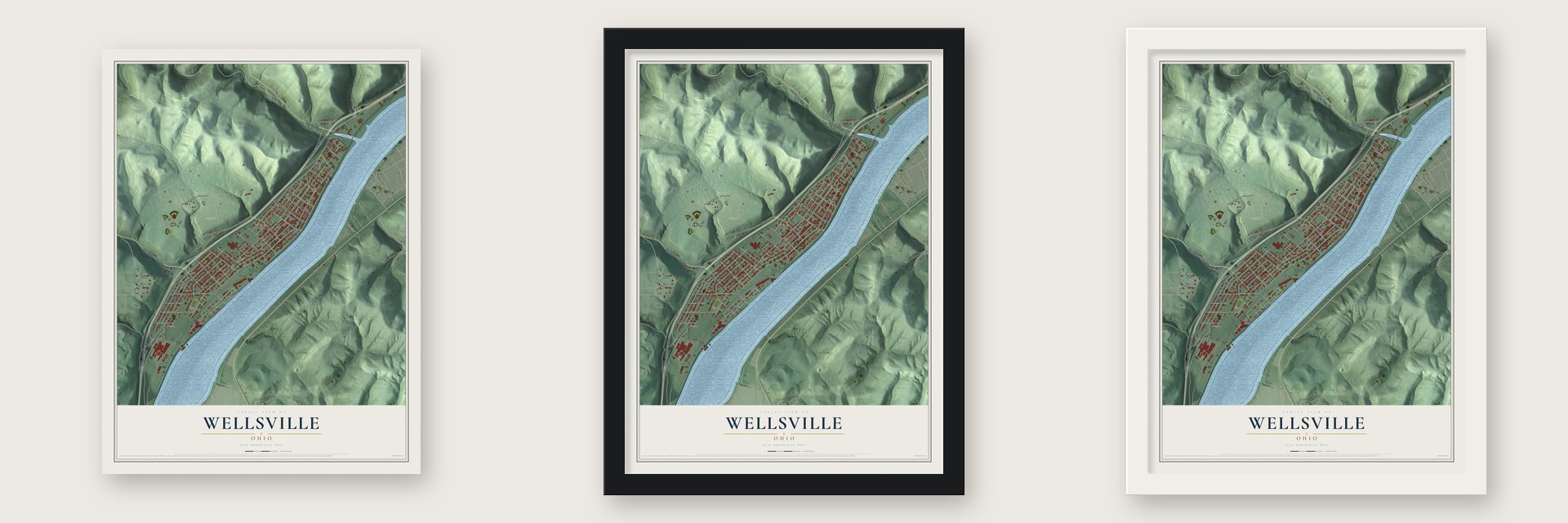 Wellsville, Ohio map unframed, in a black wood frame and in a white wood frame