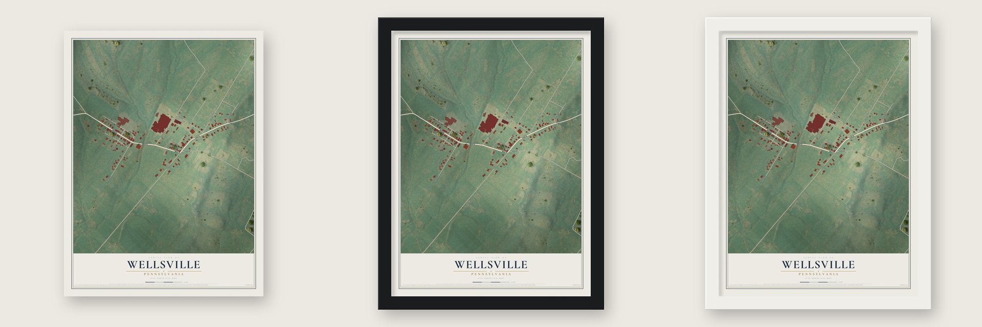 Wellsville, Pennsylvania map unframed, in a black wood frame and in a white wood frame