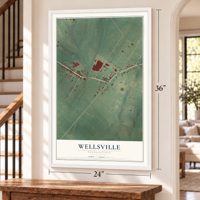 Wellsville, Pennsylvania map, 24 x 36 inch print in a white frame by a staircase