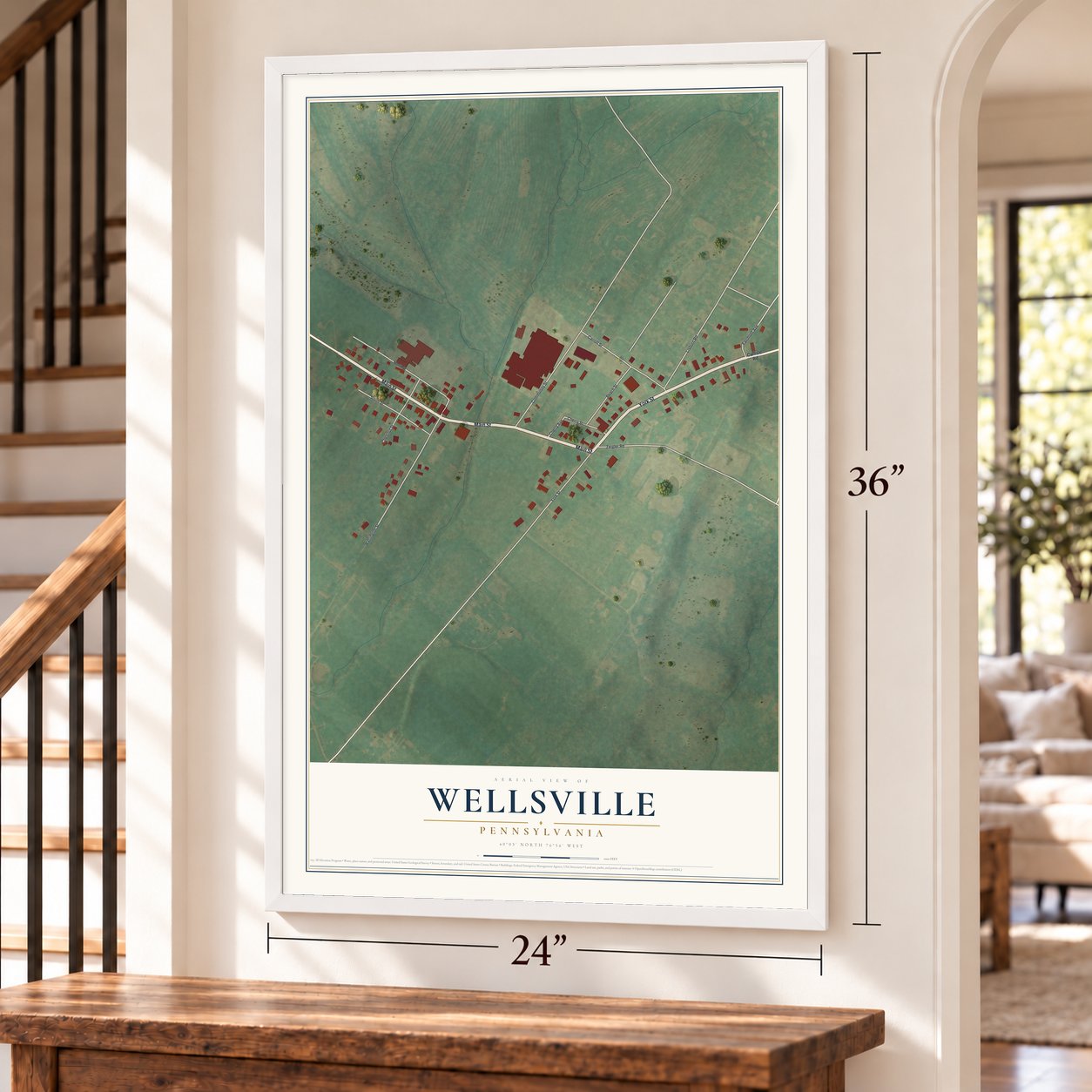 Wellsville, Pennsylvania map, 24 x 36 inch print in a white frame by a staircase