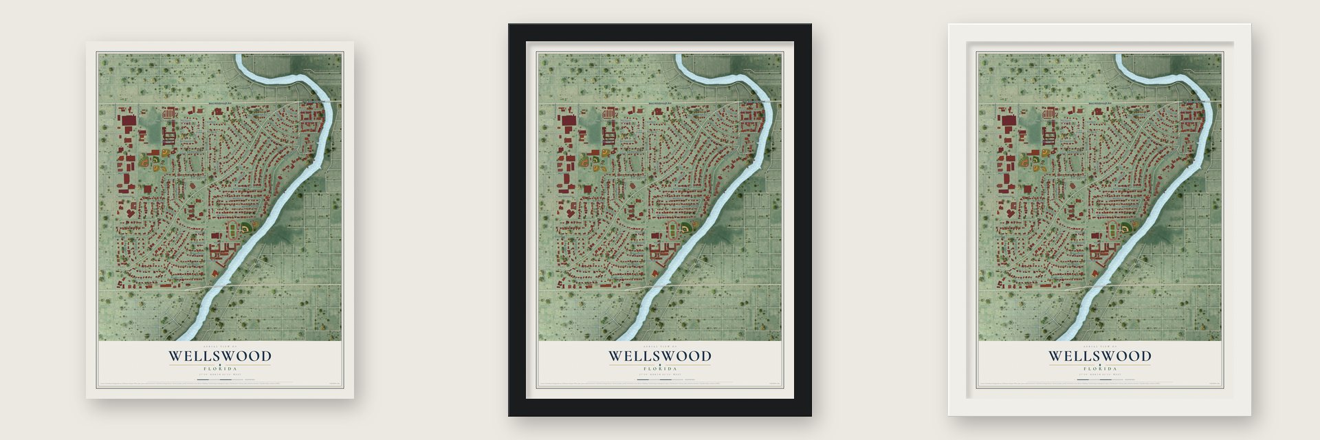 Wellswood, Florida map unframed, in a black wood frame and in a white wood frame