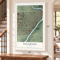 Wellswood, Florida map, 24 x 36 inch print in a white frame by a staircase