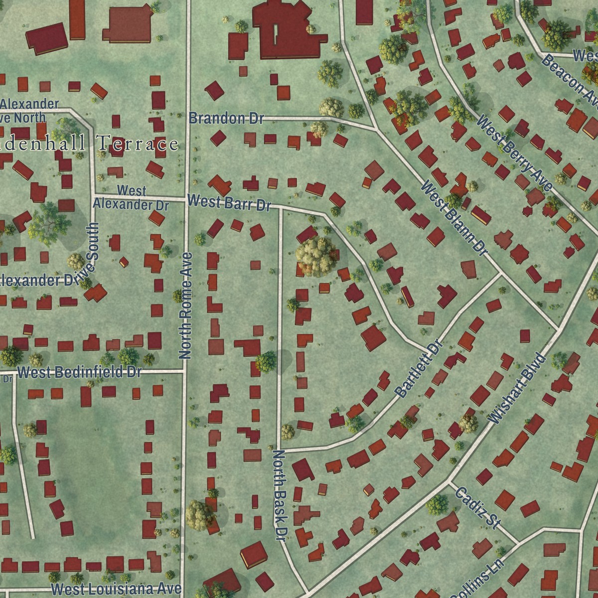 Second close-up of the map of Wellswood, Florida print showing more streets and buildings