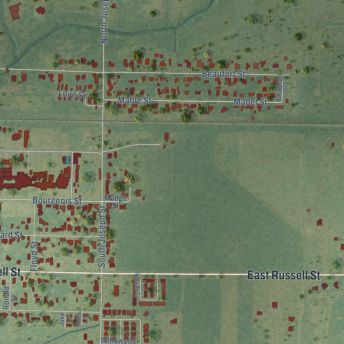 Second close-up of the map of Welsh, Louisiana print showing more streets and buildings