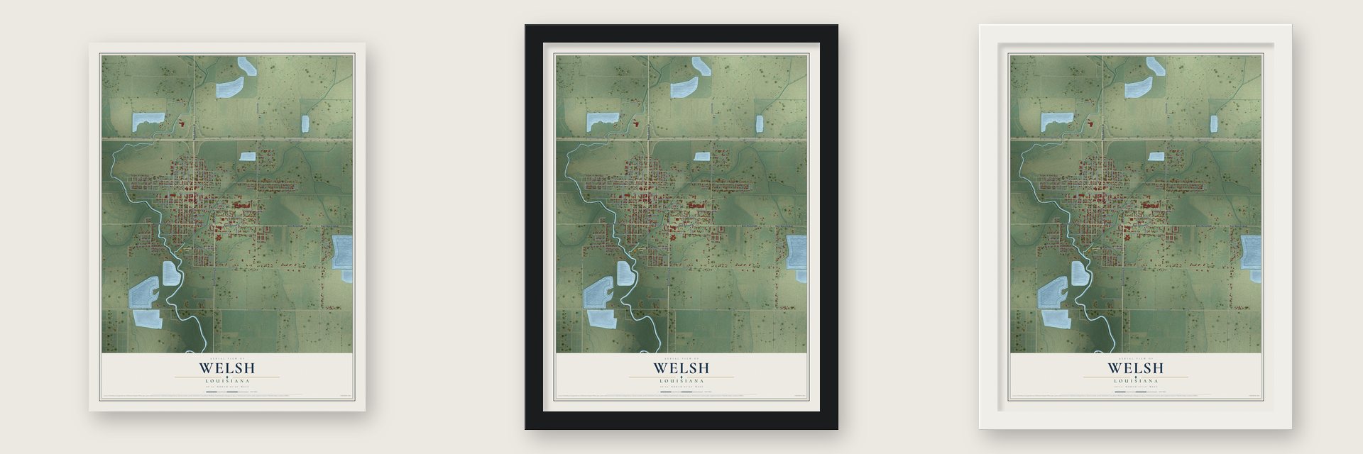Welsh, Louisiana map unframed, in a black wood frame and in a white wood frame