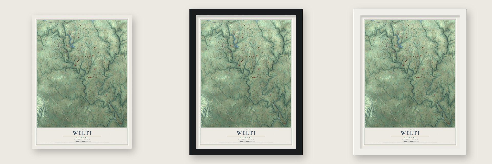 Welti, Alabama map unframed, in a black wood frame and in a white wood frame