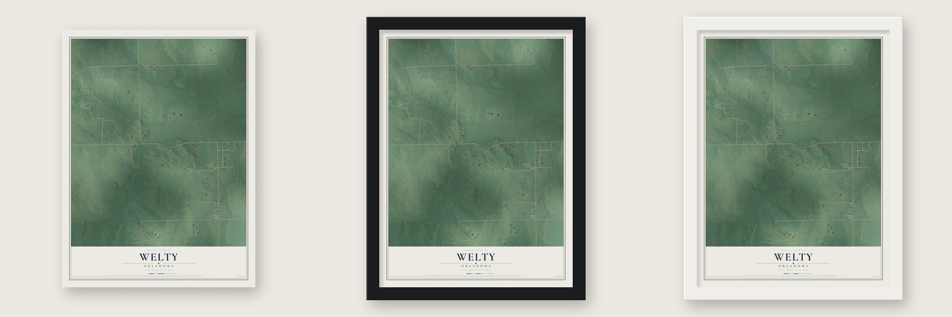 Welty, Oklahoma map unframed, in a black wood frame and in a white wood frame