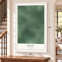 Welty, Oklahoma map, 24 x 36 inch print in a white frame by a staircase