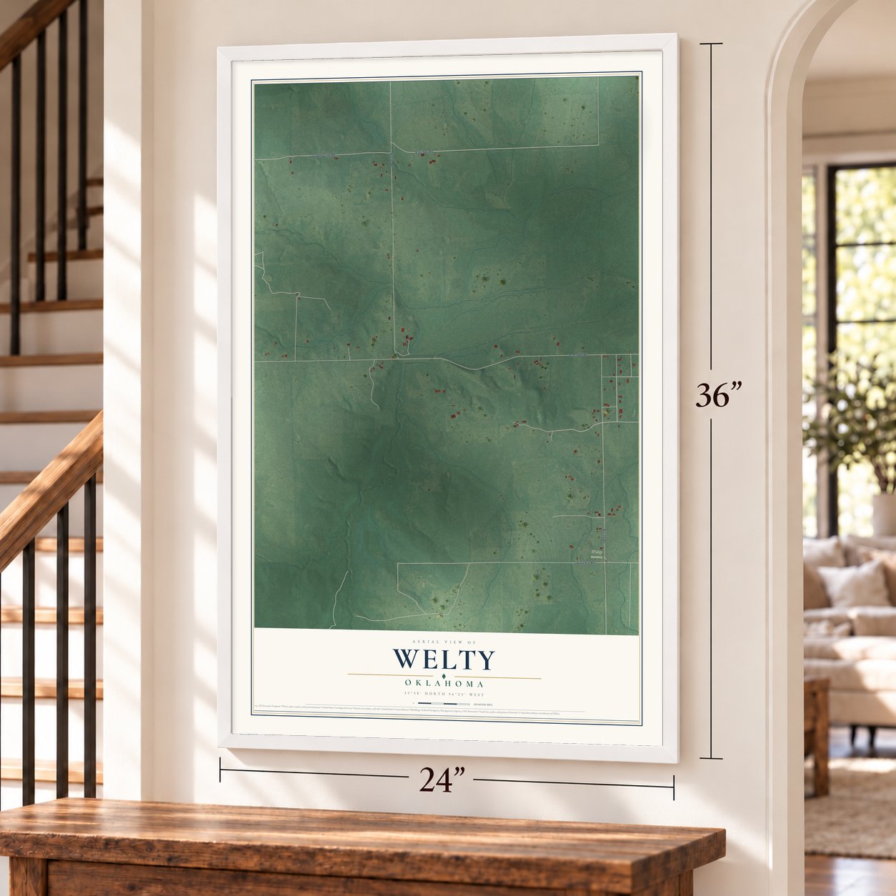 Welty, Oklahoma map, 24 x 36 inch print in a white frame by a staircase