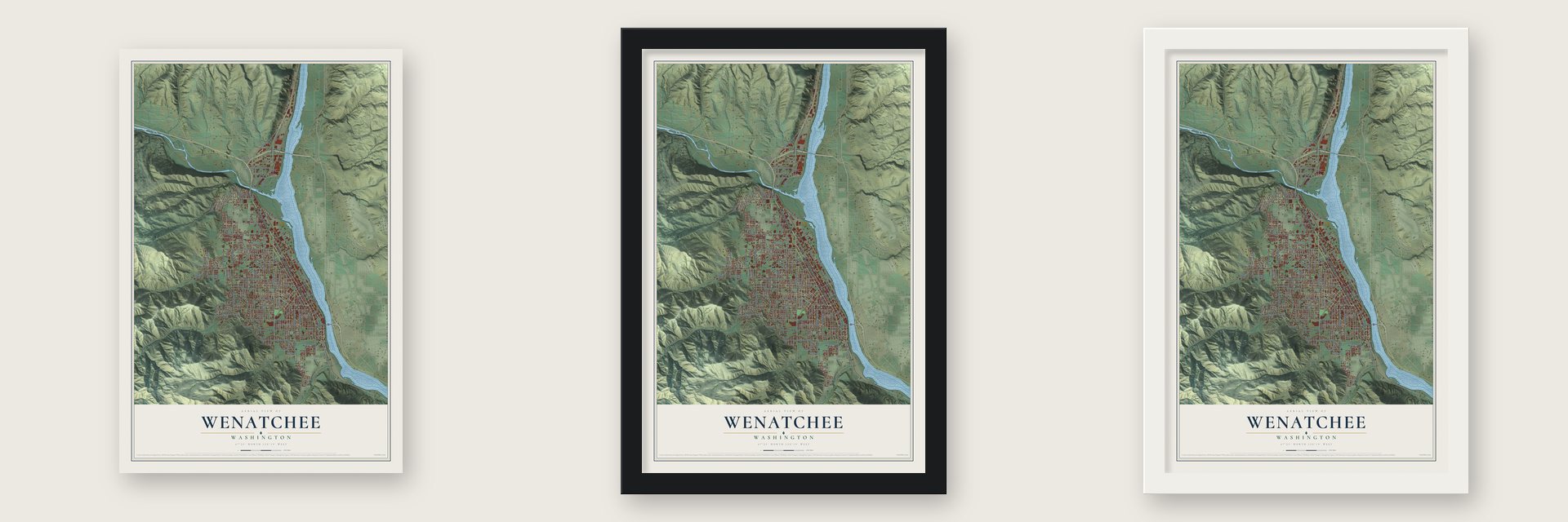 Wenatchee, Washington map unframed, in a black wood frame and in a white wood frame