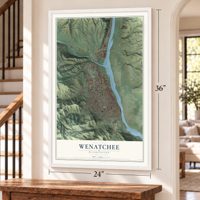 Wenatchee, Washington map, 24 x 36 inch print in a white frame by a staircase